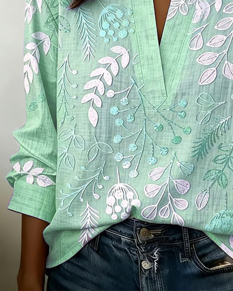 Flora | Botanical Print V-Neck Long Sleeve Blouse
