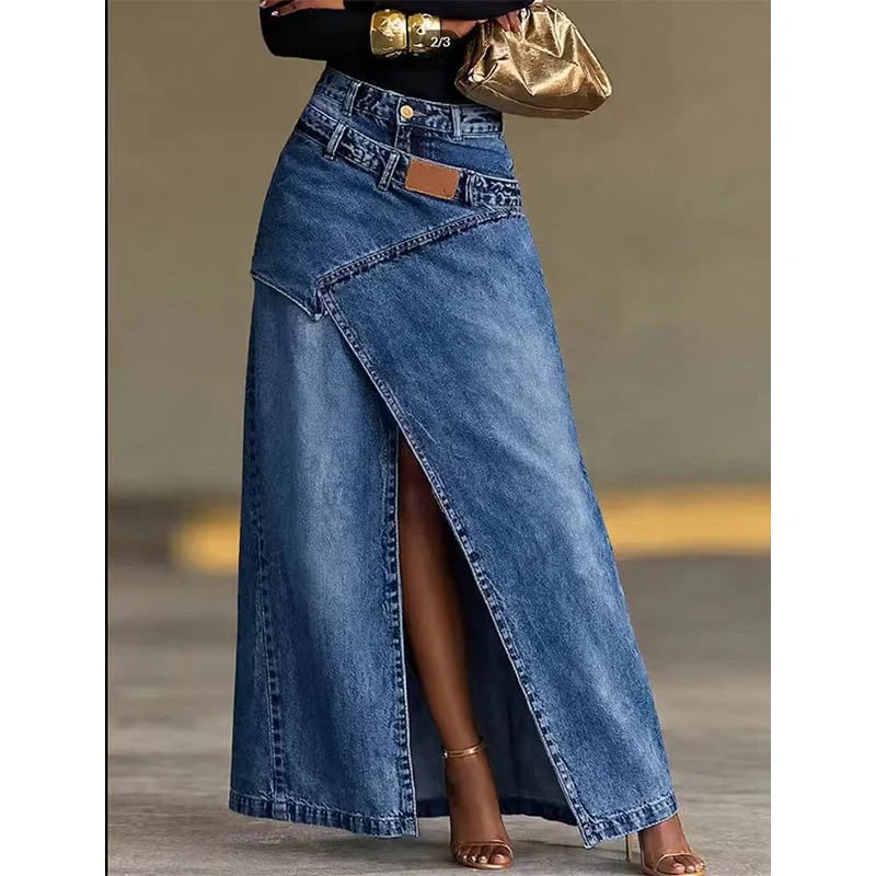 Halina | Asymmetric Waist Denim Maxi Skirt