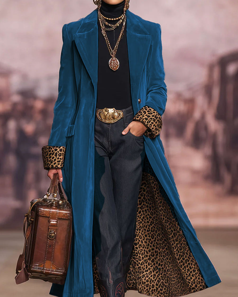 Marzena | Statement Leopard Cuff Velvet Long Coat