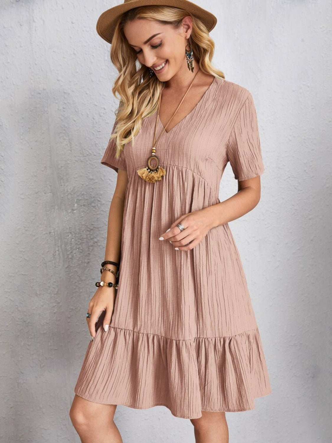Honoria | Textured V Neck Tiered Mini Dress
