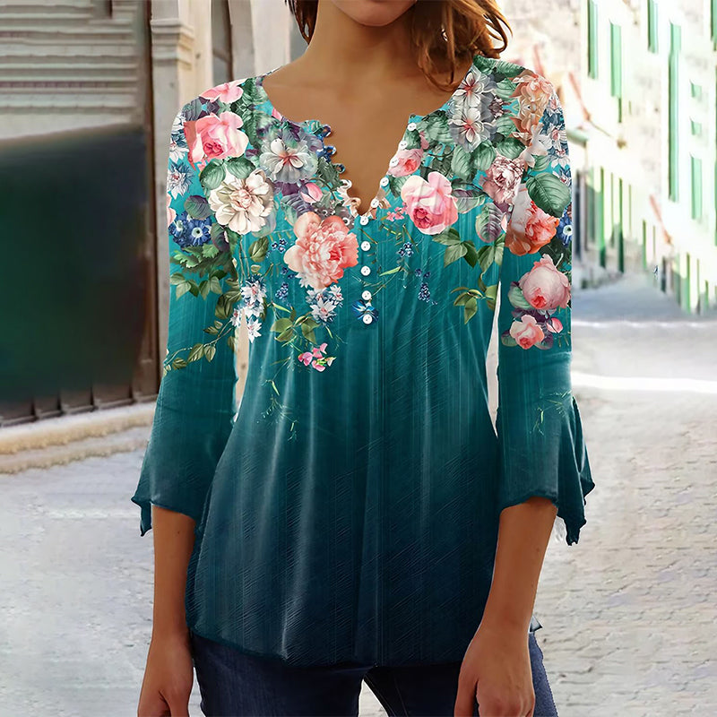 Sevryn | Floral Border Print Pintuck Button Notch Neck Three-Quarter Sleeve Top