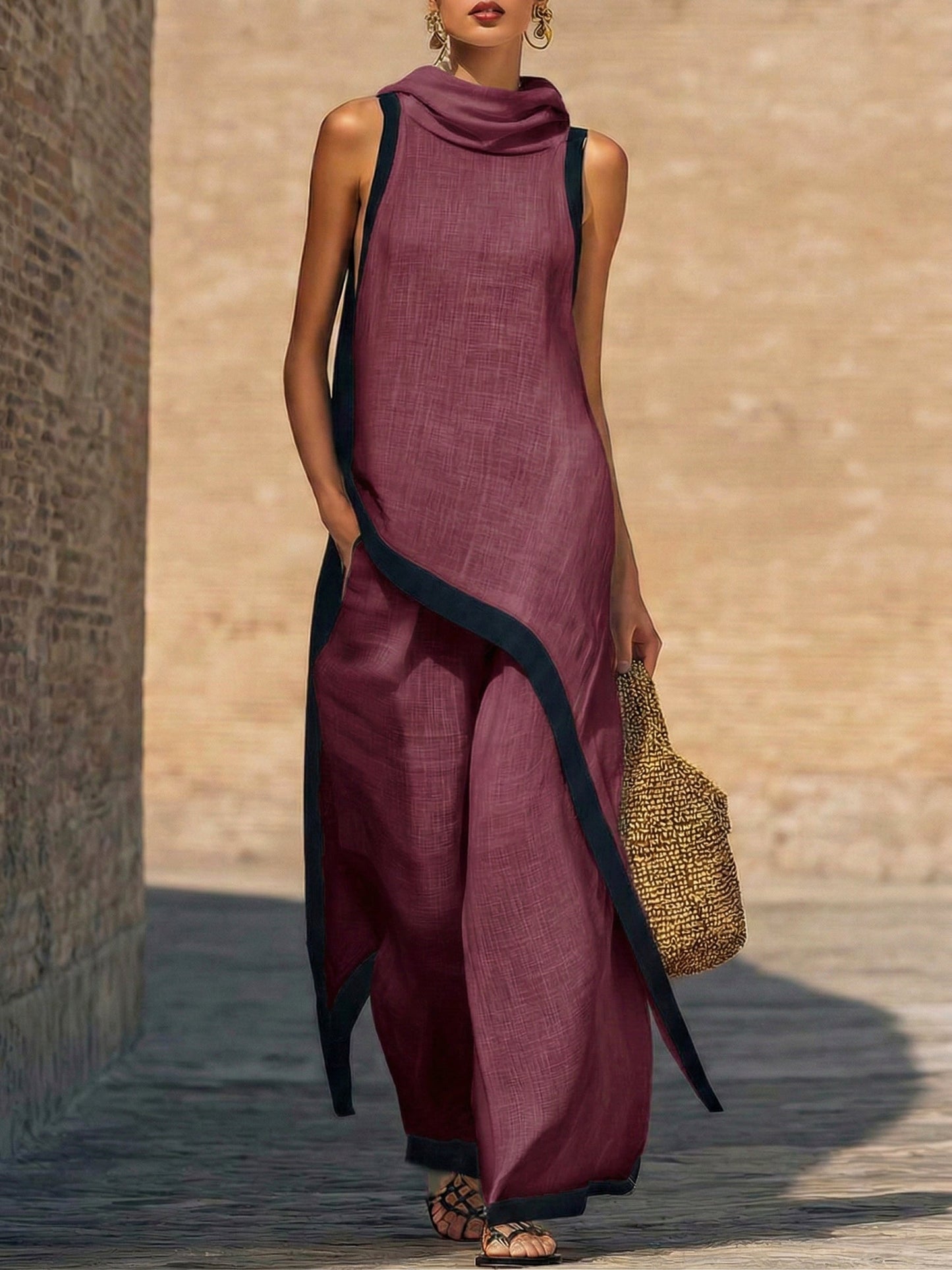 Gelvara | Contrast Trim Cowl Neck Asymmetric Linen Top & Wide Leg Trouser Set