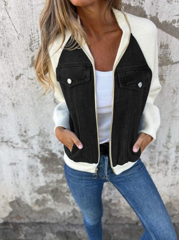 Virelora | Contrast Sleeve Denim Zip Jacket