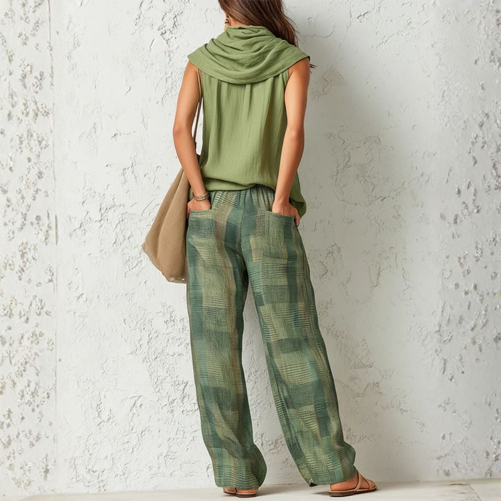 Araminta | Scarf Neck Top And Plaid Trouser Set