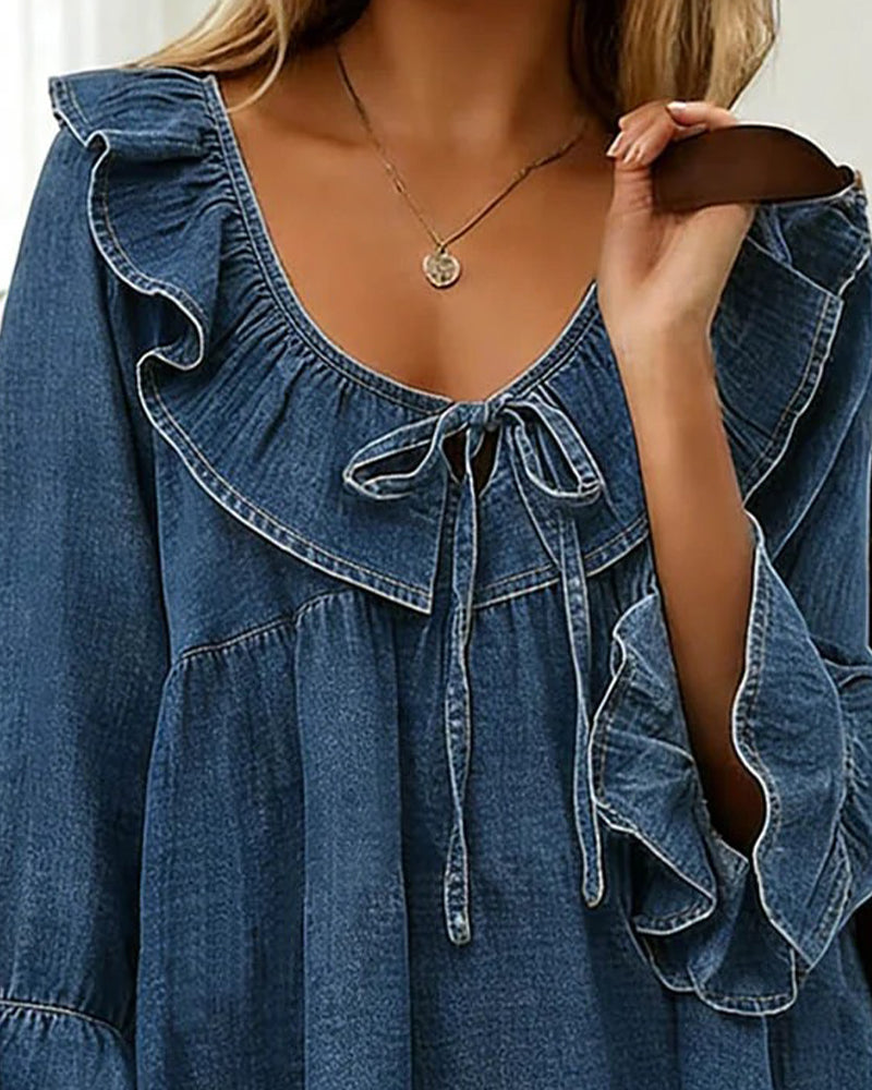 Maren | Ruffle Trim Denim Babydoll Blouse