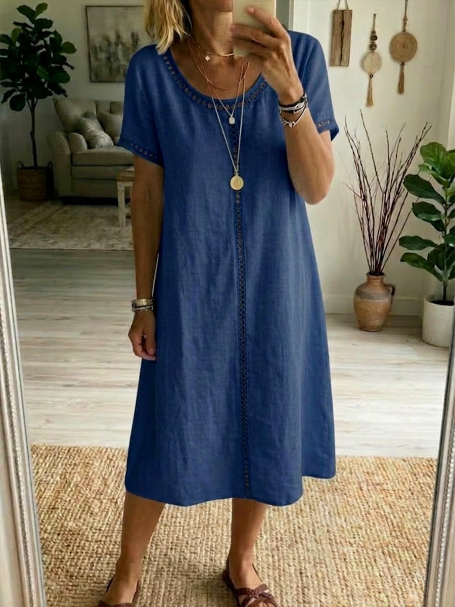 Clara | Linen Trim Detail Short Sleeve Midi Dress