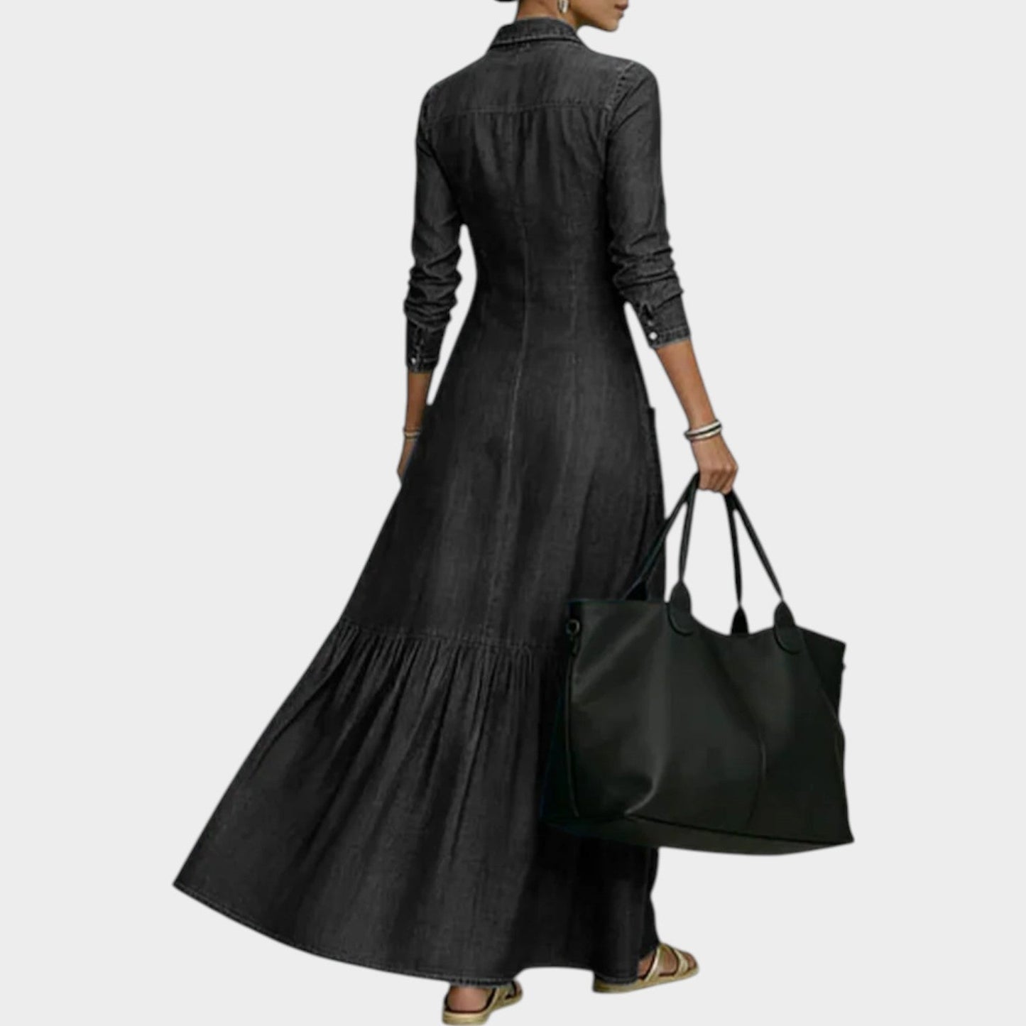 Casmyn | Deep V-Neck Denim Shirt Collar Tiered Maxi Dress with Pockets