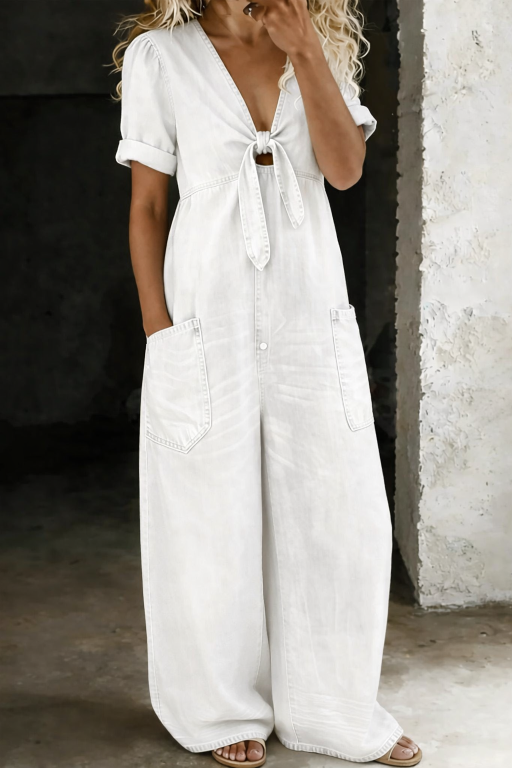 Faelisse | Tie Front Denim Wide Leg Jumpsuit