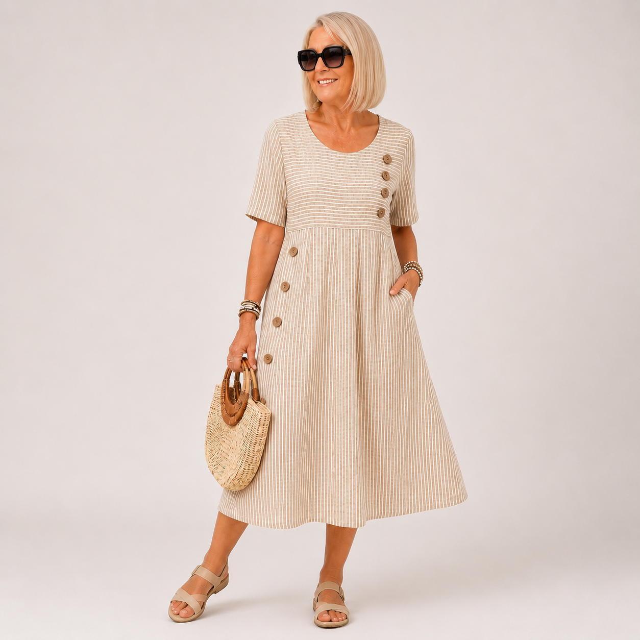 Phaedra | Striped Button Detail Midi Dress