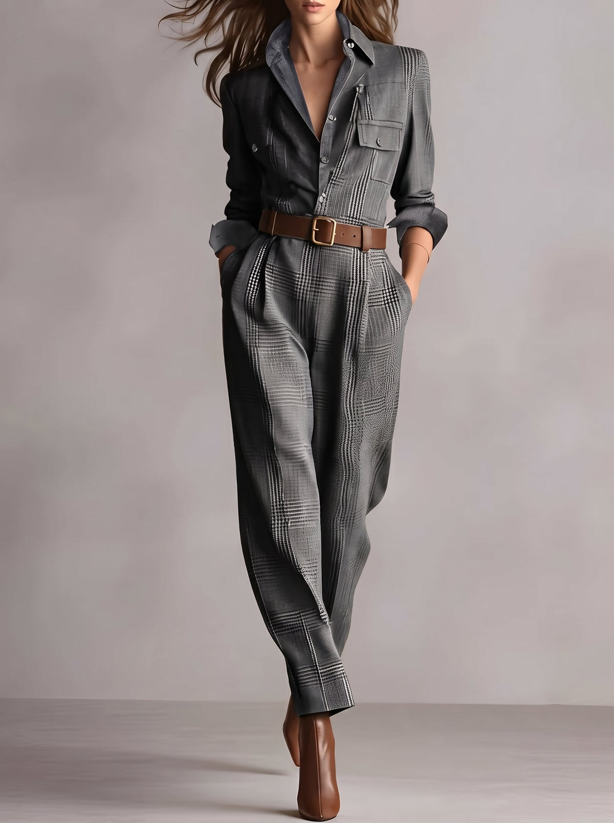 Zelina | Belted Plaid Tailored Jumpsuit