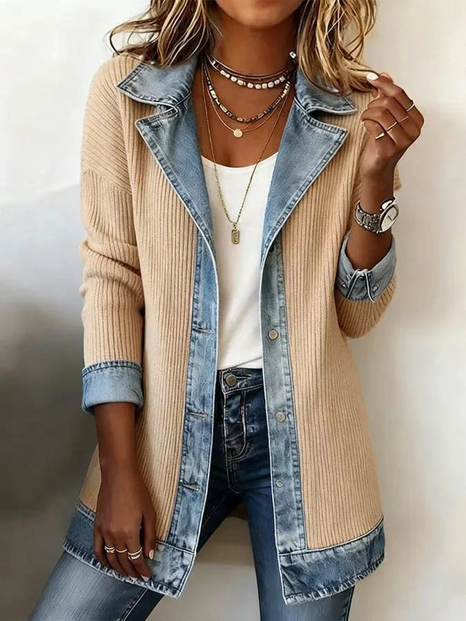 Evelora | Denim Trim Knit Cardigan