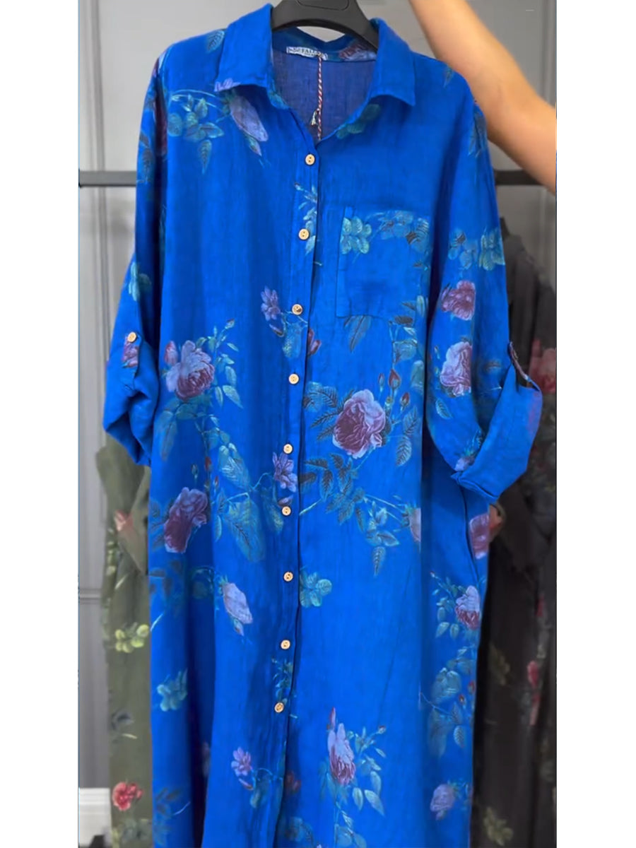 Flora | Rose Print Linen Oversized Button-Through Shirt Dress
