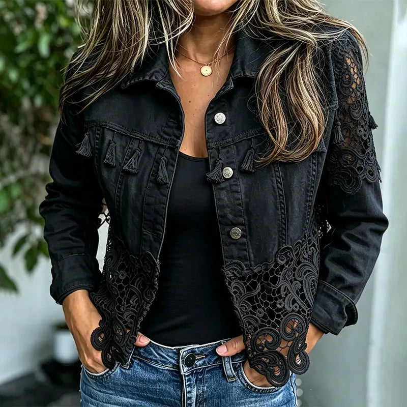Odelina | Vintage Lace Panel Denim Jacket
