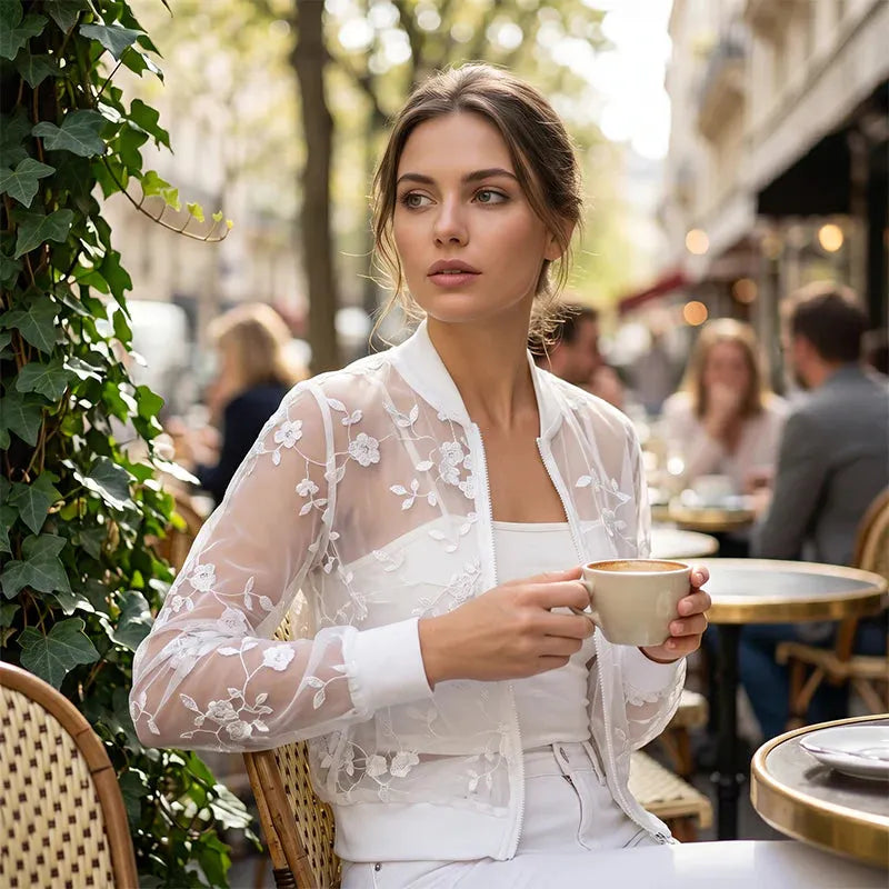 Quillora | Sheer Floral Zip Cardigan