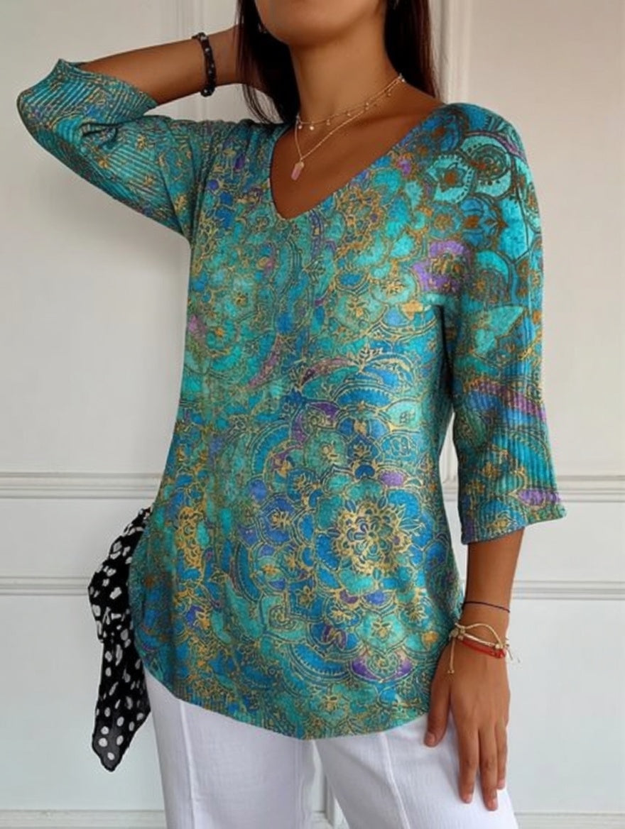 Mirevora | Printed V Neck Casual Blouse