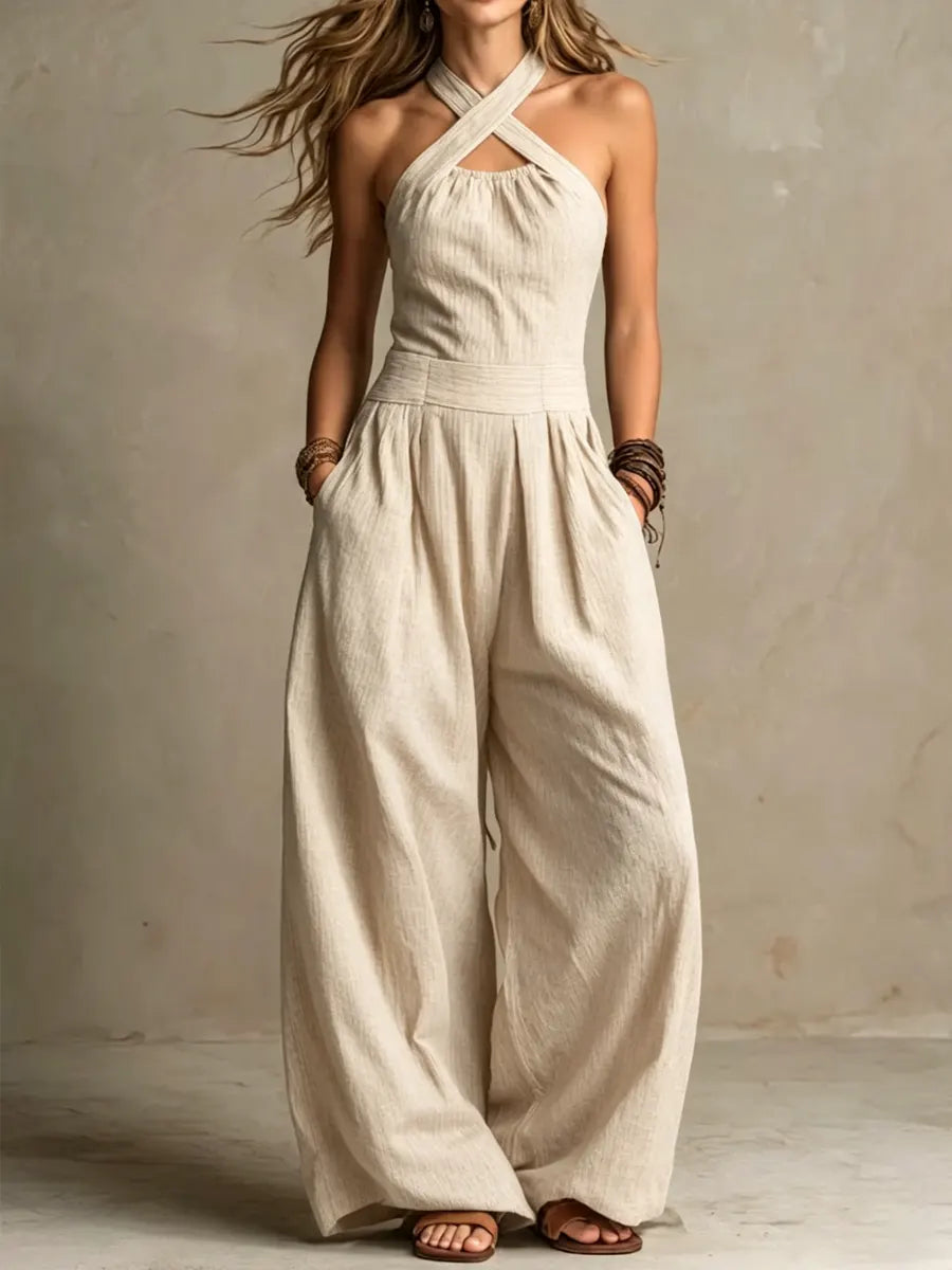 Zephyrelle | Cross Neck Wide Leg Jumpsuit