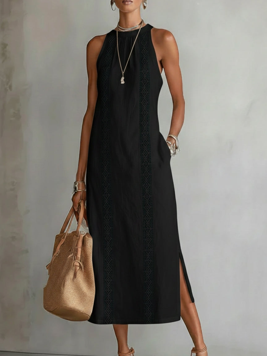 Thessara | Boho Geometric Lace Trim Sleeveless Maxi Dress with Pockets