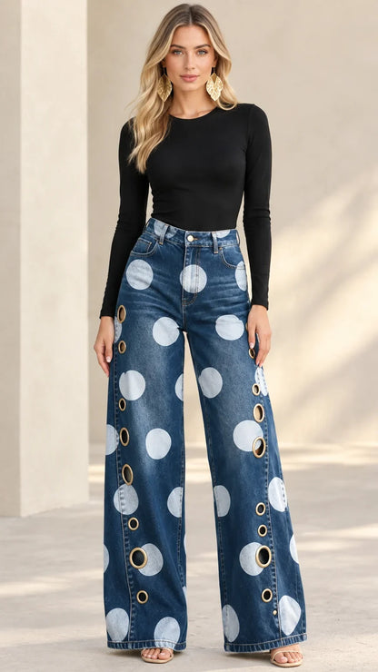 Cirella | Polka Dot High Waist Denim Jeans