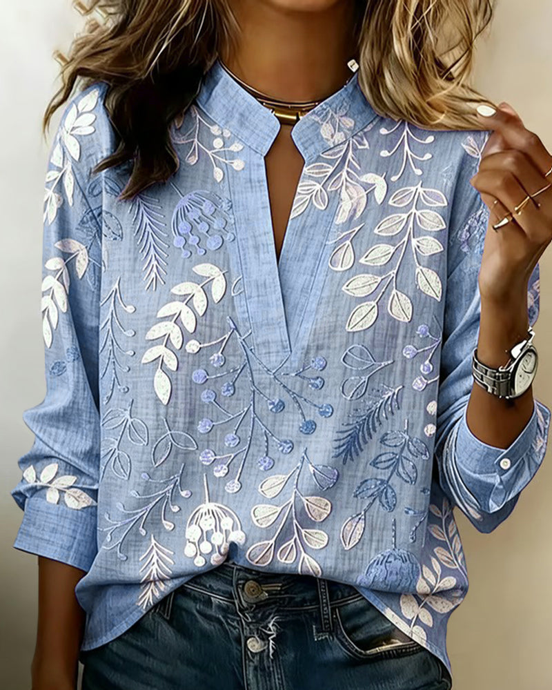 Flora | Botanical Print V-Neck Long Sleeve Blouse