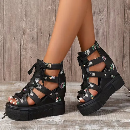 Xylara | Floral Lace Up Platform Sandals