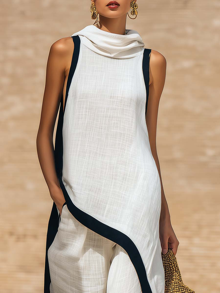 Gelvara | Contrast Trim Cowl Neck Asymmetric Linen Top & Wide Leg Trouser Set
