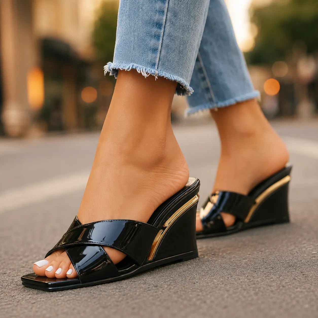 Odessa | Cross Strap Wedge Mule Sandals