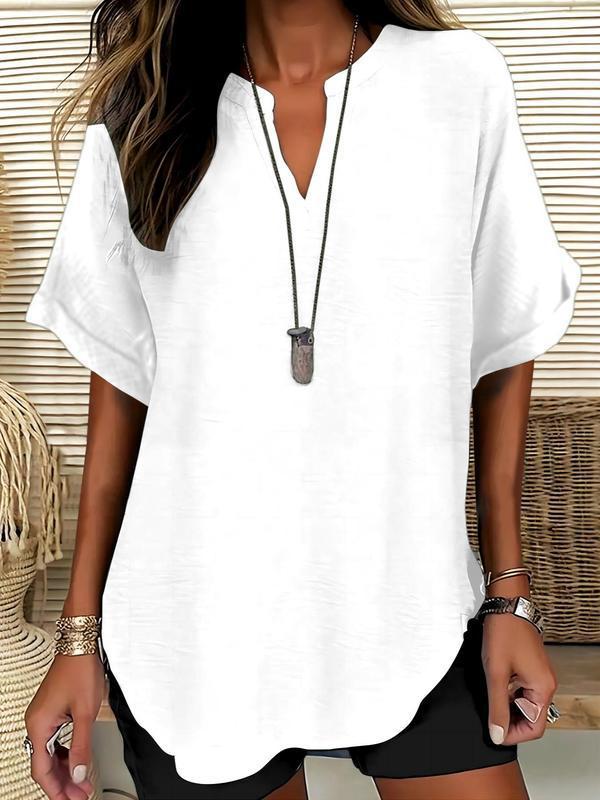 Zyvara | Linen Notch Neck Curved Hem Relaxed Short Sleeve Top