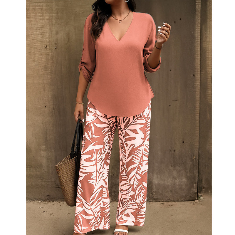 Kaelora | V Neck Top and Printed Trouser Set