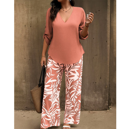 Kaelora | V Neck Top and Printed Trouser Set