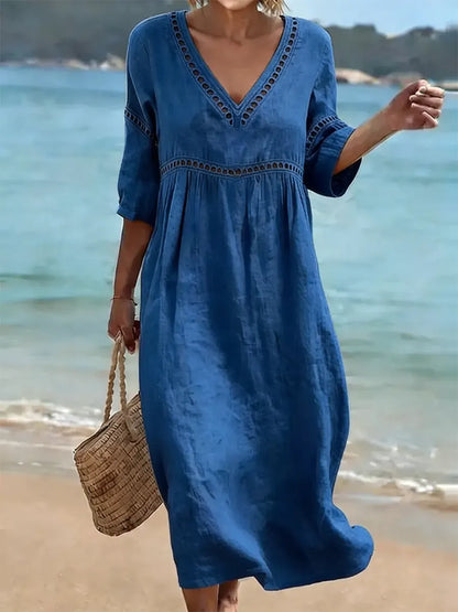 Tuvaine | Linen Eyelet Trim V-Neck Empire Waist Relaxed Midi Dress