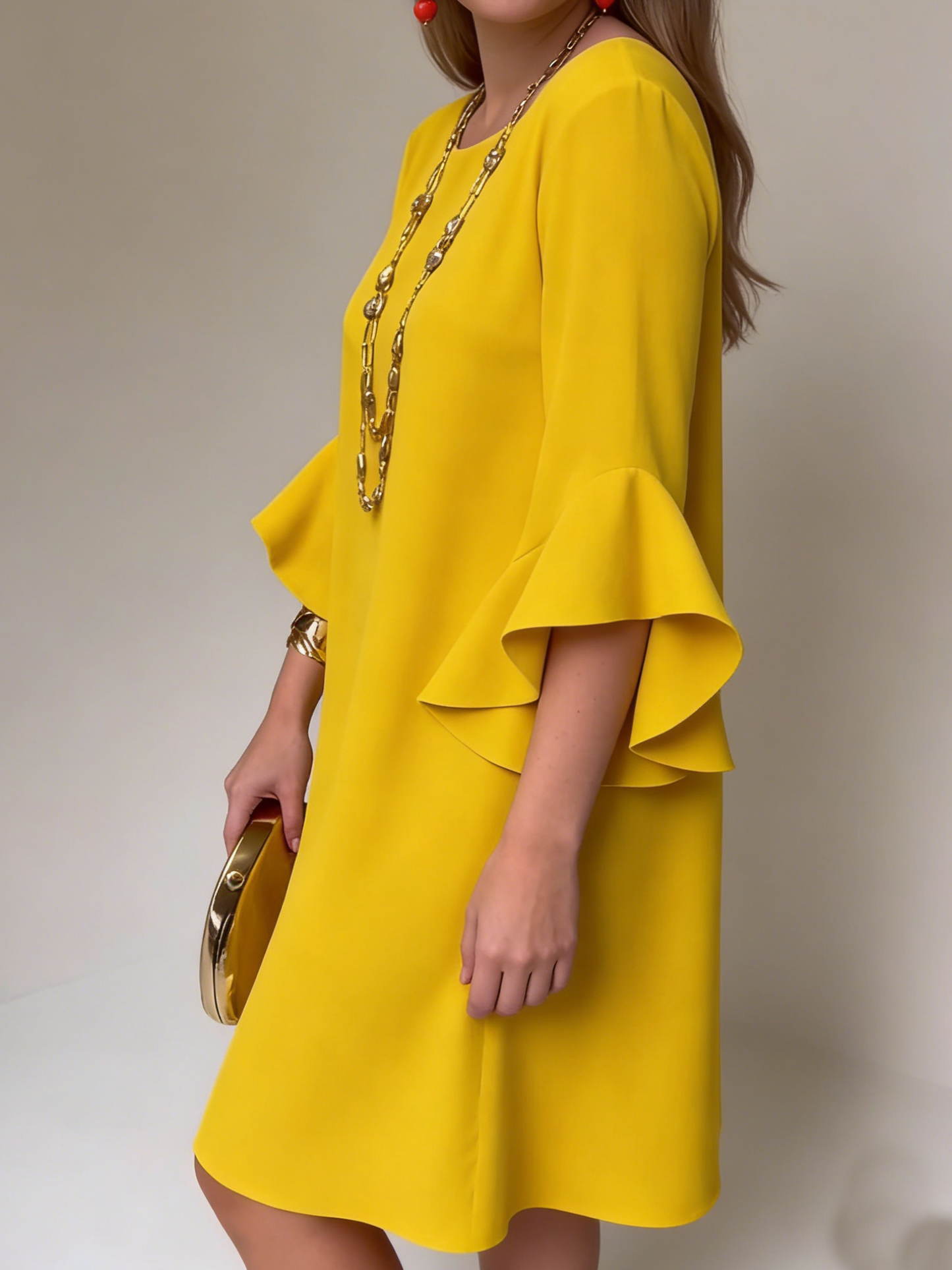 Sevryn | Mustard Ruffle Bell Sleeve Round Neck Shift Mini Dress