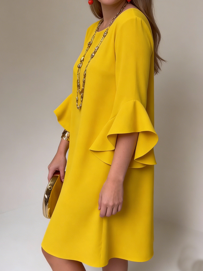 Sevryn | Mustard Ruffle Bell Sleeve Round Neck Shift Mini Dress