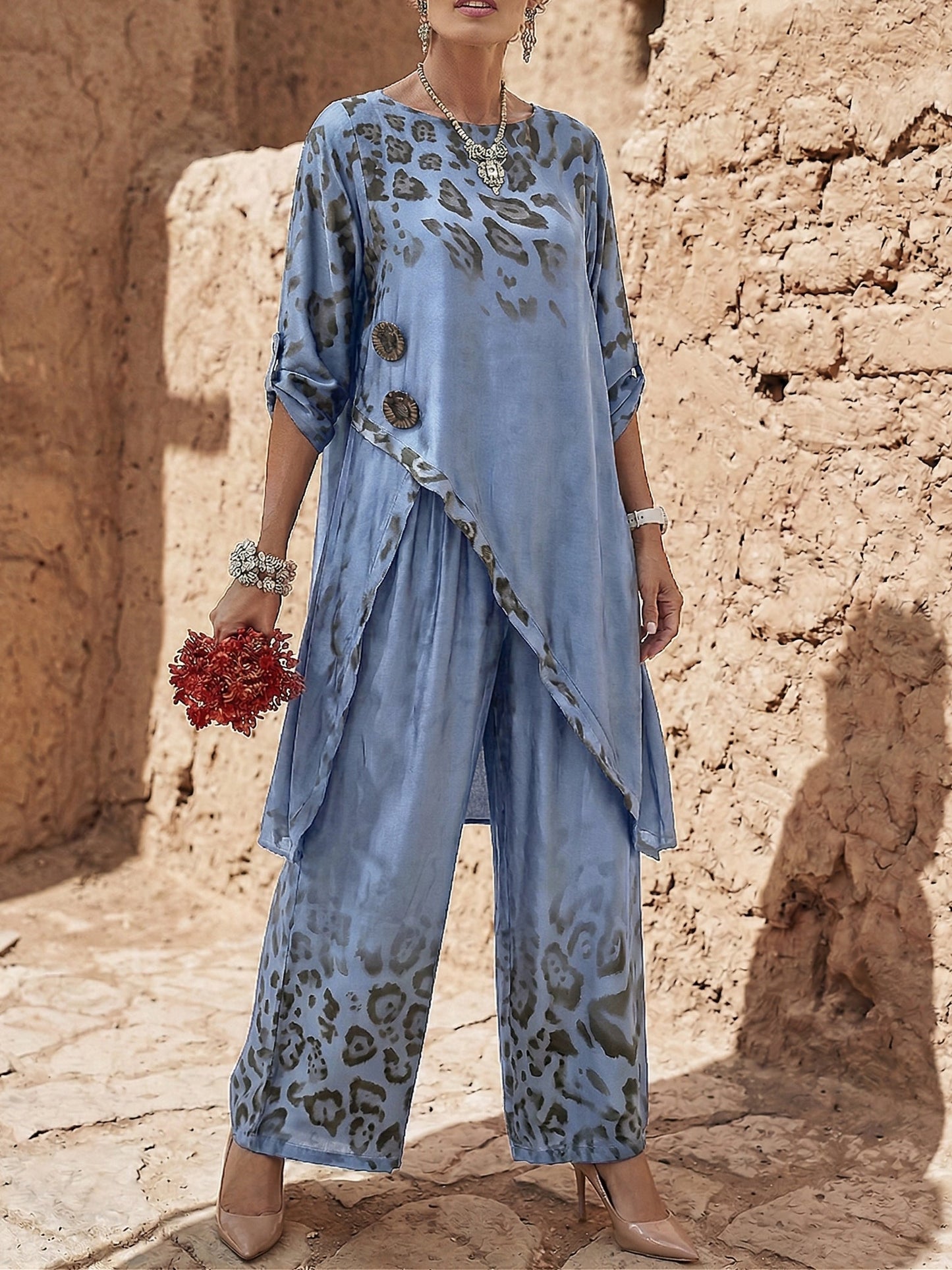Lorrex | Animal Print Button Detail Longline Top & Palazzo Trouser Two-Piece Set