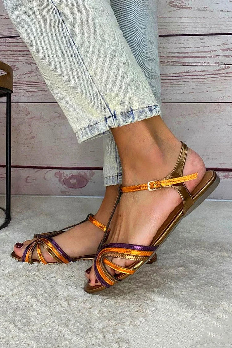 Saffira | Metallic T Strap Flat Sandals