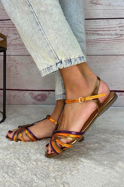 Saffira | Metallic T Strap Flat Sandals
