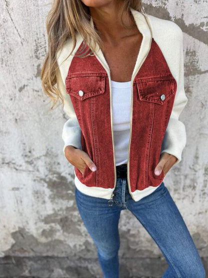 Virelora | Contrast Sleeve Denim Zip Jacket