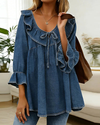Maren | Ruffle Trim Denim Babydoll Blouse
