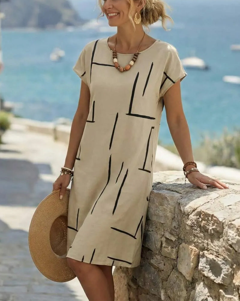 Sage | Geometric Print Round Neck Relaxed Midi Dress