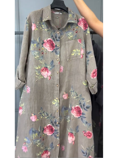 Flora | Rose Print Linen Oversized Button-Through Shirt Dress