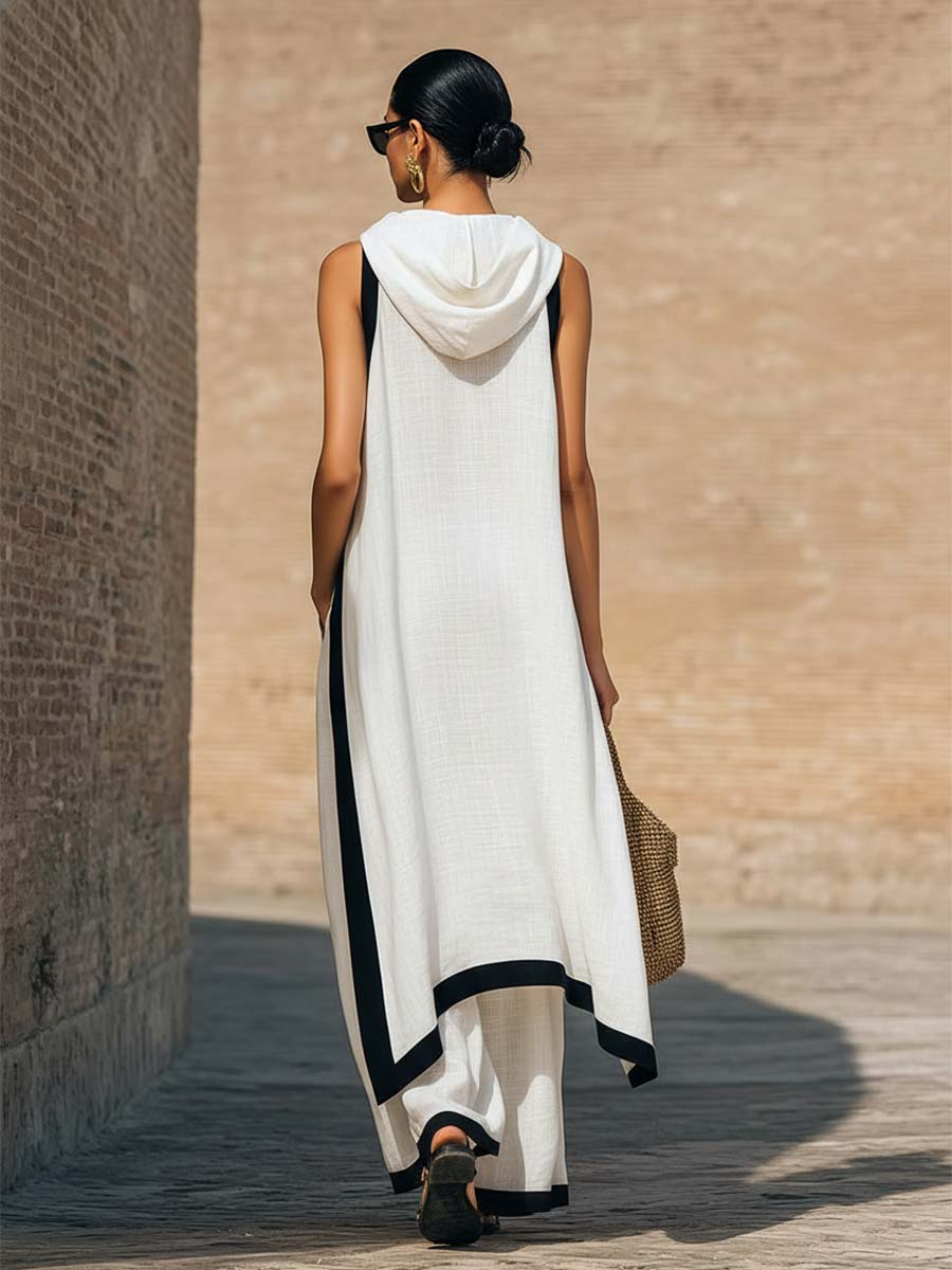 Gelvara | Contrast Trim Cowl Neck Asymmetric Linen Top & Wide Leg Trouser Set