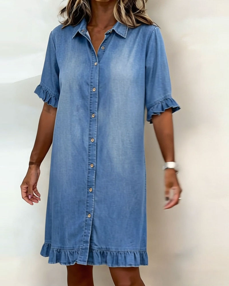 Solvienne | Ruffle Sleeve Button Denim Dress