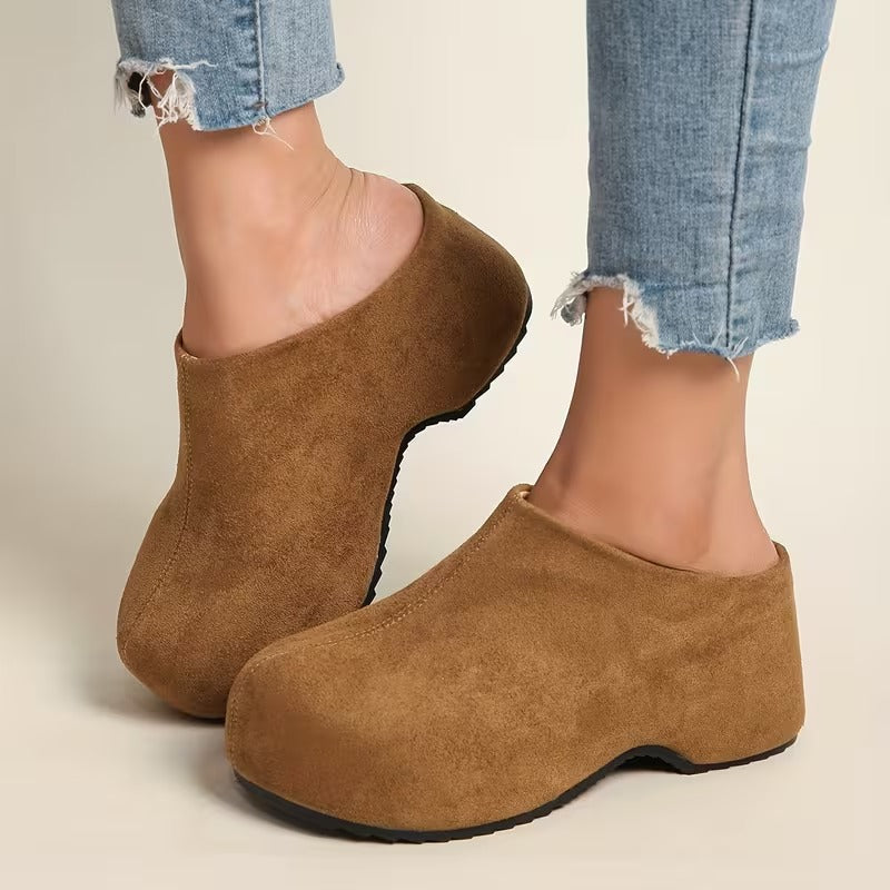 Zyndra | Minimal Suede Closed Toe Chunky Platform Mules