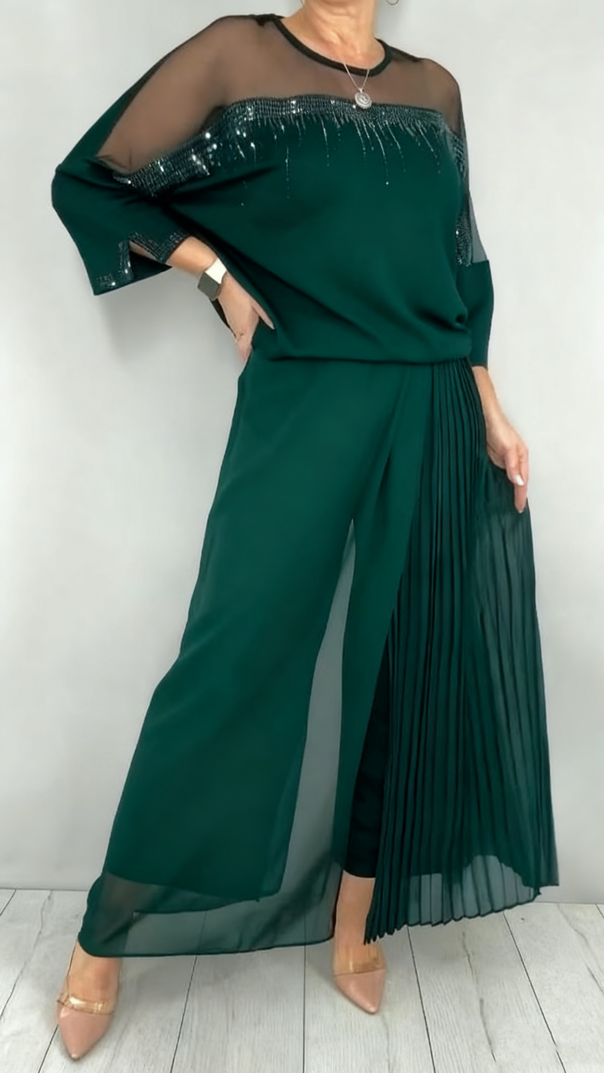 Kendra | Embellished Pleated Two Piece Pants Set
