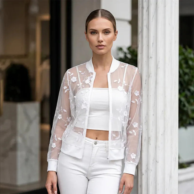 Quillora | Sheer Floral Zip Cardigan