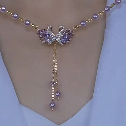 Sovlyn | Crystal Swan Pearl Bead Gold Chain Tassel Necklace