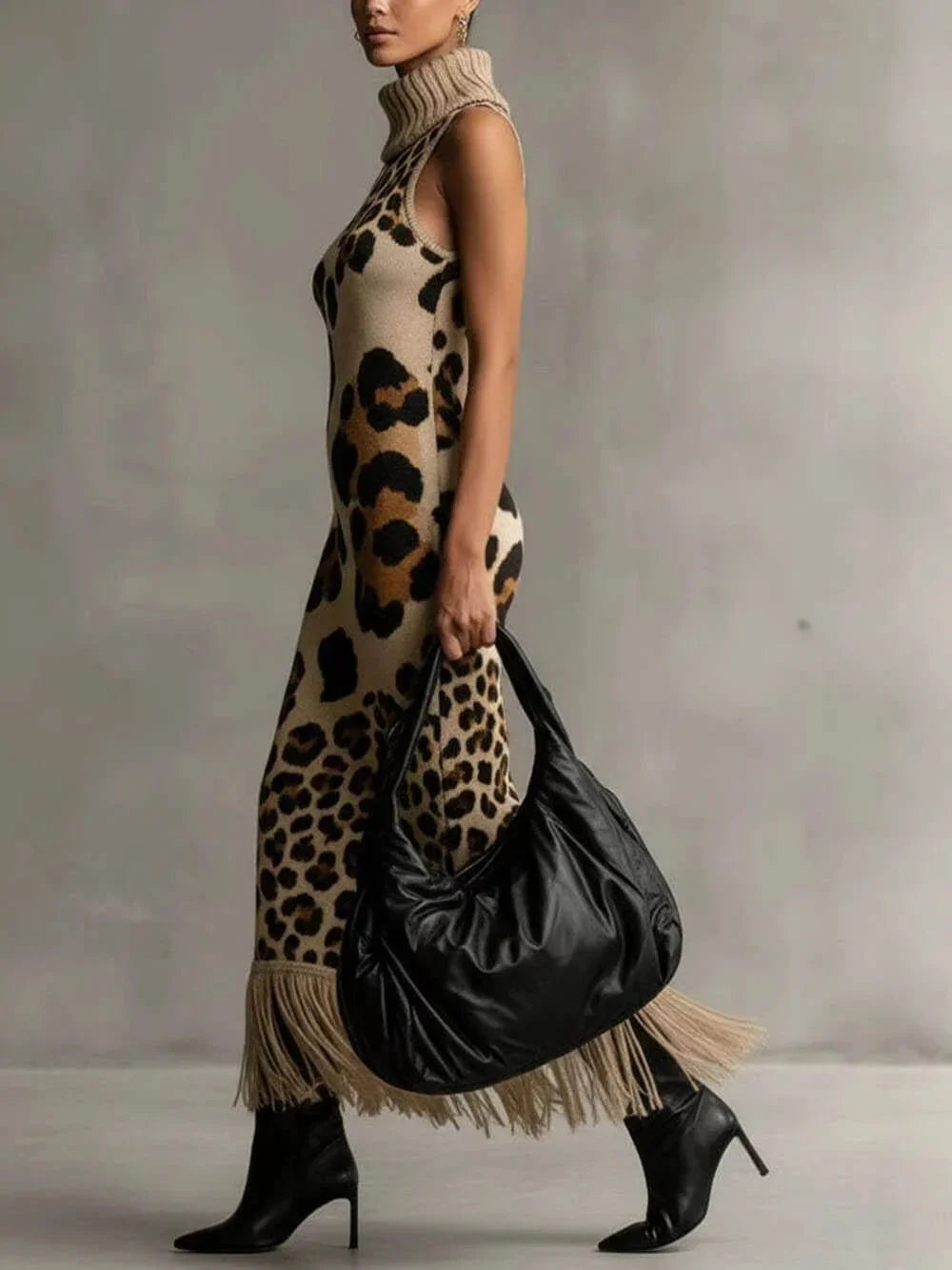 Ursula | Leopard Print Fringe Midi Dress