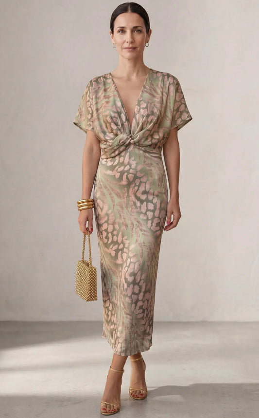 Evadora | Twist Front Printed Midi Dress