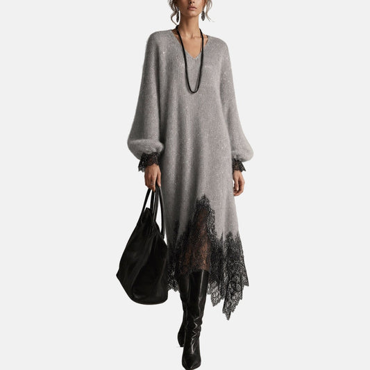 Alessia | Lace Trim V Neck Midi Dress