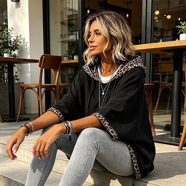 Rosamund | Relaxed Leopard Trim Hooded Sweatshirt