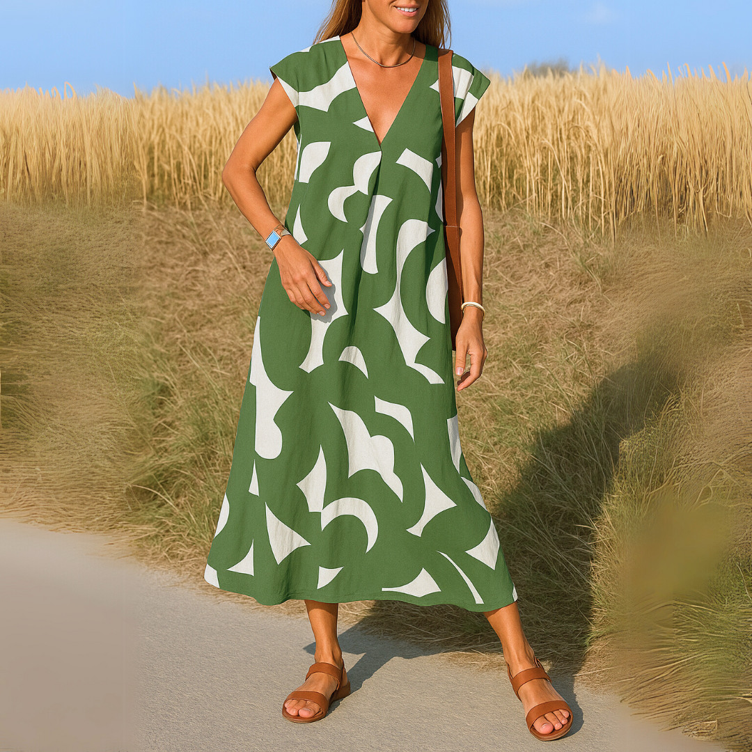 Anwen | Abstract Print V Neck Maxi Dress
